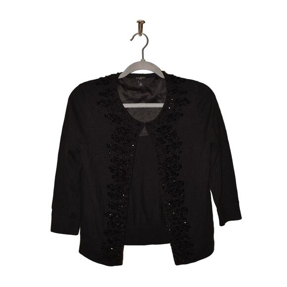 TALBOTS $129 Wool Blend Intricated Beaded 3/4 Sleeve Cardigan Black PS - Picture 1 of 4